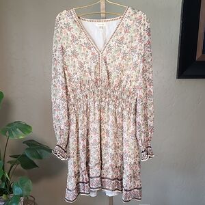 Max Studio Cream Floral Boho-inspired Long Sleeve Dress XL Smocked Waist